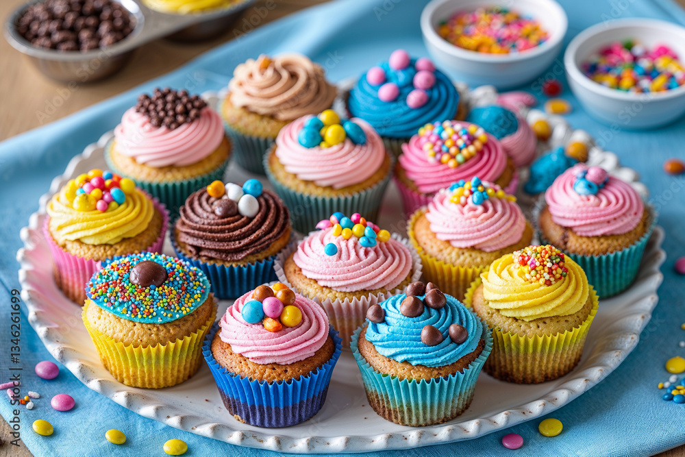 Assorted cupcakes on a platter with sprinkles and bowls, showcasing the colorful variety and festive presentation of these delightful treats. Assorted cupcakes on a platter with sprinkles and bowls, showcasing the colorful variety and festive presentation of these delightful treats.