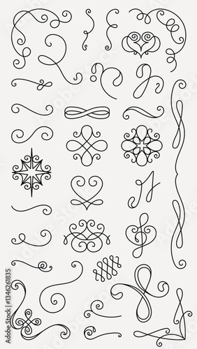 Elegant black swirls and flourishes on white. Decorative swirls, intricate flourishes, and ornate swirls create a sophisticated design. Swirls and flourishes galore. Hand drawn ornament vector set.