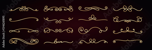 Elegant gold dividers on black. Swirls, curls, and lines. Decorative gold dividers, perfect for design. Swirls and curls add elegance. Gold on black elegance. Hand drawn ornament vector set.