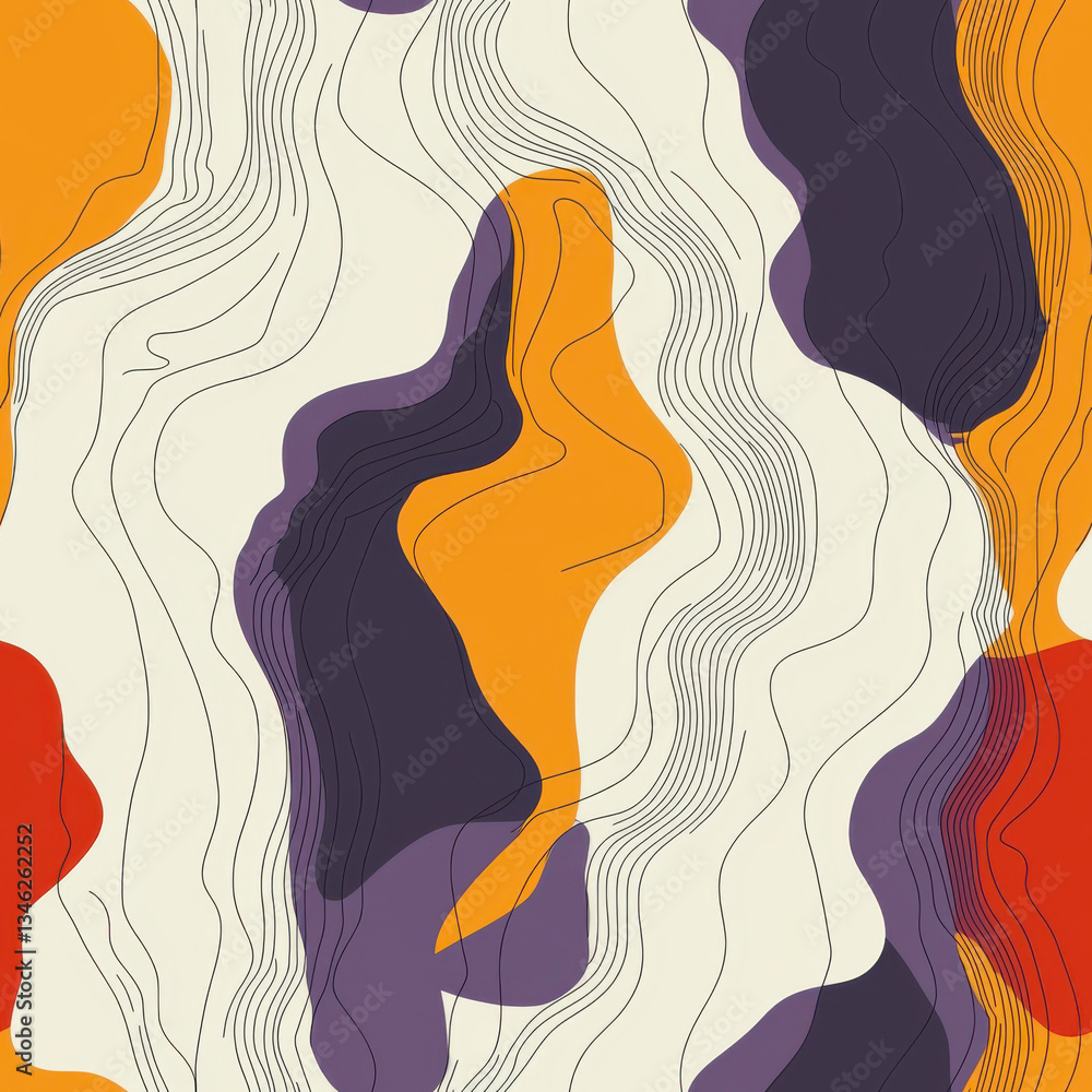 Minimalist Textile Seamless Pattern Abstract wavy pattern with bold orange, purple, and red shapes on cream background Minimalist Textile Seamless Pattern Abstract wavy pattern with bold orange, purple, and red shapes on cream background