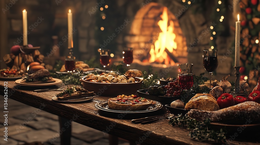 Rustic table setting with traditional foods and warm fire Rustic table setting with traditional foods and warm fire