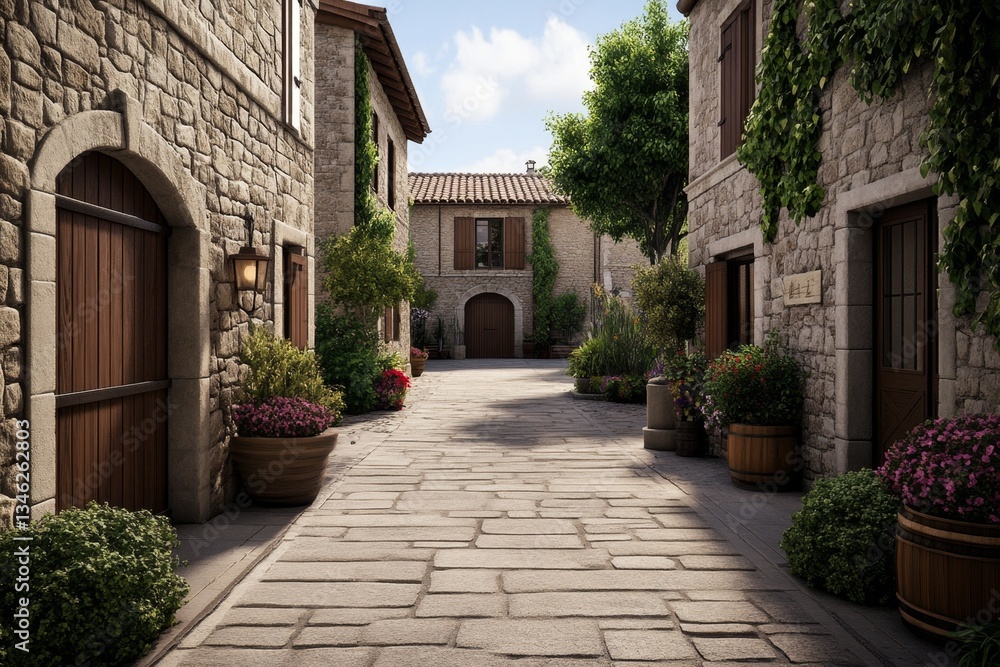 Obraz premium A 3D-rendered Avignon medieval street, with realistic textures of stone houses, rustic wooden doors, and colorful flower pots