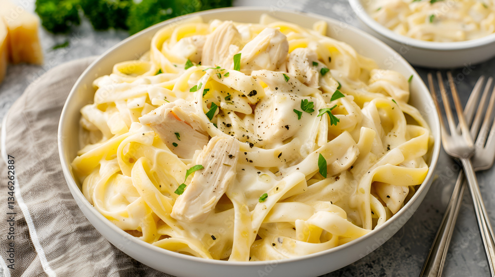 A warm and inviting bowl of creamy chicken alfredo pasta with tender chicken pieces and a sprinkle of Parmesan cheese, served in a white ceramic bowl, Pasta, Generative AI
A warm and inviting bowl of creamy chicken alfredo pasta with tender chicken pieces and a sprinkle of Parmesan cheese, served in a white ceramic bowl, Pasta, Generative AI