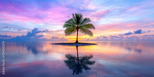 Single Palm Tree on Island at Sunset, Calm Ocean Reflection