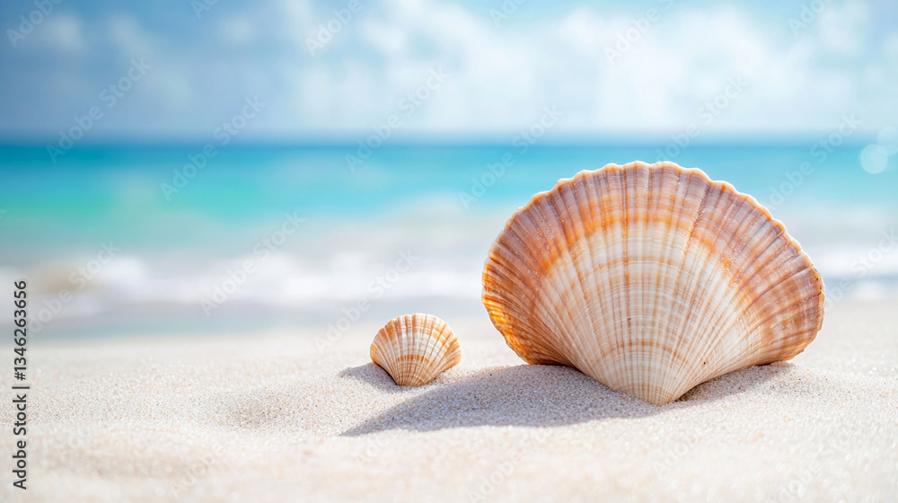 Two seashells rest on sandy beach, ocean background blurred. Image evokes summer, vacation, relaxation Two seashells rest on sandy beach, ocean background blurred. Image evokes summer, vacation, relaxation