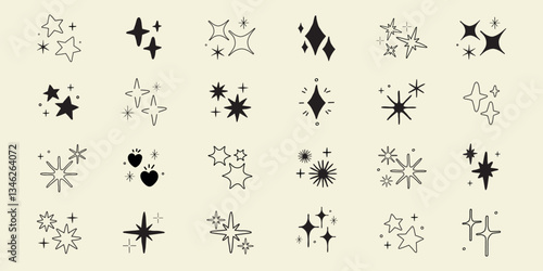 Collection of black star and sparkle icons. Stars and sparkles in various shapes. Star icons and sparkle designs on a grid. Decorative star and sparkle set. Element vector set.