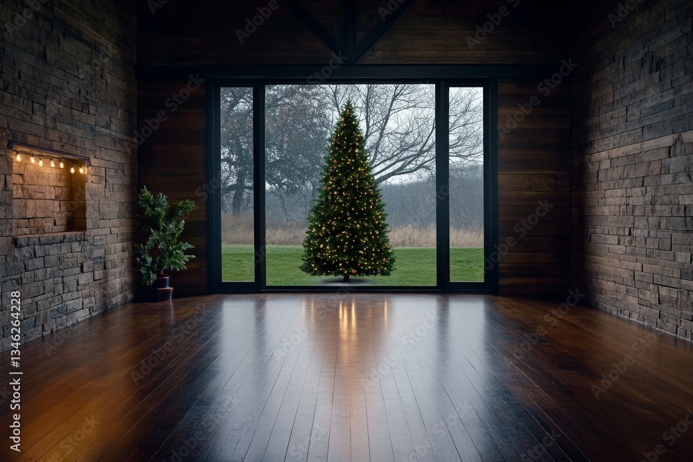 Fototapeta premium A beautifully decorated Christmas tree standing in front of a large window with snow falling outside
