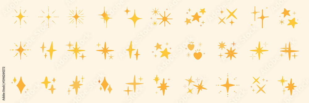 Obraz premium Collection of 30 golden star and sparkle icons. Stars and sparkles in various shapes. Golden icons perfect for decoration. Sparkling star designs for creative use. Element vector set.