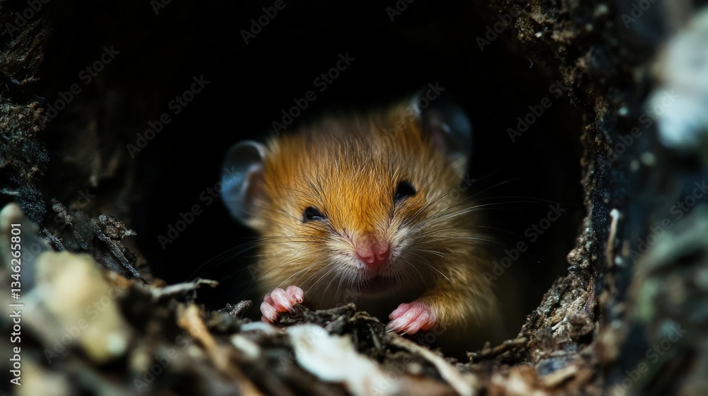 A small mouse peeks curiously out from its dark hollow A small mouse peeks curiously out from its dark hollow
