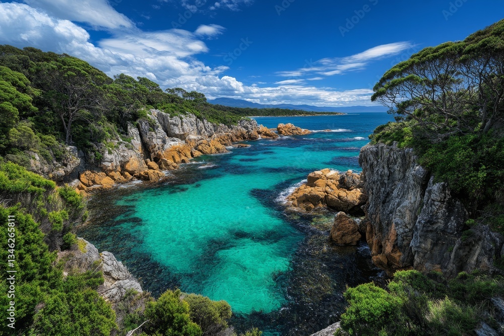 A breathtaking view of the Bay of Fires, with its famous bright orange lichen-covered rocks contrasting against turquoise waters A breathtaking view of the Bay of Fires, with its famous bright orange lichen-covered rocks contrasting against turquoise waters