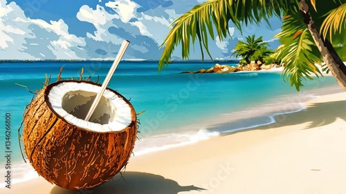 Wallpaper Mural Fresh Coconut on Sandy Beach with Clear Blue Water and Palm Trees Under Bright Sunny Sky Ideal for Tropical Vacation Theme and Relaxation Imagery Torontodigital.ca