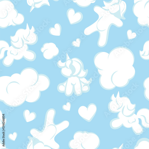 Seamless pattern with cute cartoon curly white clouds and fun unicorns and birds on blue. Vector background.