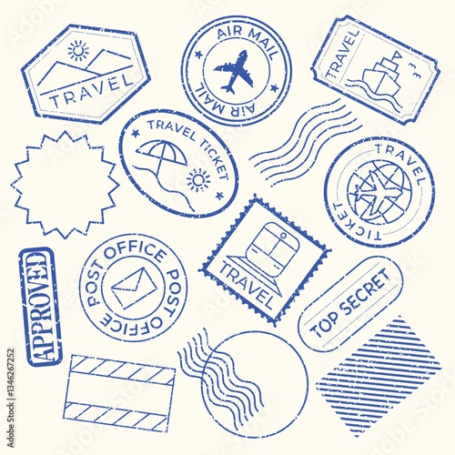 Collection of blue travel-themed stamps with designs of planes, ships, and tickets. Includes travel, post office, and top secret stamps. Travel stamps in blue. Blue travel stamps, vector set.