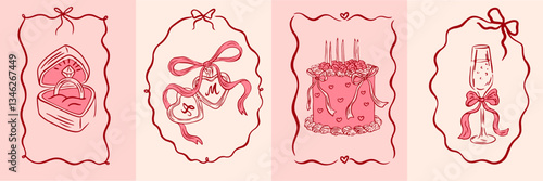 Vintage greeting cards for Valentine's Day in coquette style. Hand drawn whimsical frames with elegant bows and ribbons. Template for poster, banner, wedding invitation, birthday card. Vector illustra