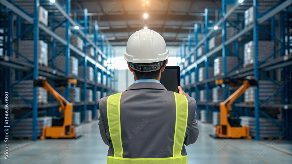 Warehouse worker checks inventory using tablet in large storage facility Warehouse worker checks inventory using tablet in large storage facility
