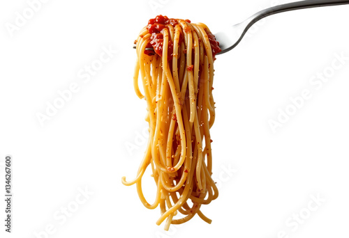 Savory spaghetti with bolognese sauce hanging on fork isolated on white background – ideal for food and culinary themes