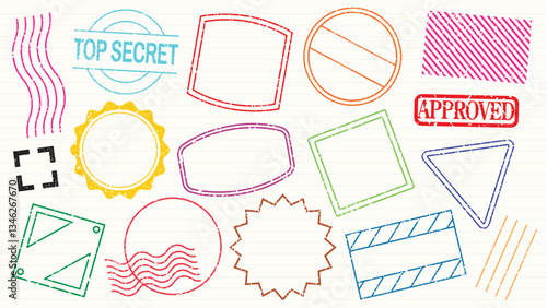 Colorful stamp collection with various shapes like circles, squares, and triangles. Includes 'Top Secret' and 'Approved' stamps. Stamp design variety. Colorful stamps, element vector set