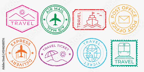 Colorful travel stamps featuring planes, boats, and trains. Travel icons include air mail, express delivery, and post office themes. Travel and transport stamps. Colorful travel stamps, vector set.