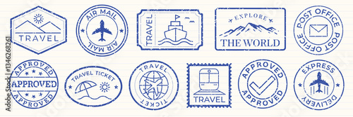 Blue travel stamps with travel icons like planes, ships, and tickets. Travel-themed stamps for air mail, travel tickets, and summer escape designs. Blue travel stamps, vector set.