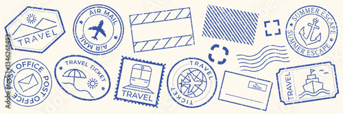 Blue travel stamps with travel icons like planes, ships, and tickets. Travel-themed stamps for air mail, travel tickets, and summer escape designs. Blue travel stamps, vector set.