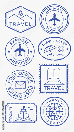 Blue travel-themed stamps featuring planes, trains, and ships. Travel icons include air mail, express delivery, and travel tickets. Travel motifs repeated. Blue travel stamps, vector set.