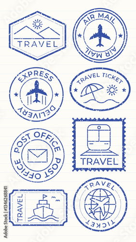 Blue travel-themed stamps featuring planes, trains, and ships. Travel icons include air mail, express delivery, and travel tickets. Travel motifs repeated. Blue travel stamps, vector set.