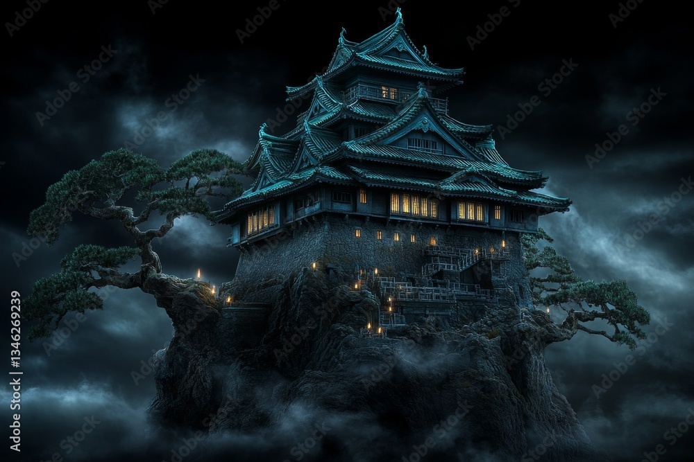 A dark gothic version of Osaka Castle, standing tall under a stormy sky with eerie candle-lit windows A dark gothic version of Osaka Castle, standing tall under a stormy sky with eerie candle-lit windows