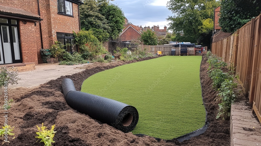 A long artificial grass roll being cut to fit a specific garden shape A long artificial grass roll being cut to fit a specific garden shape
