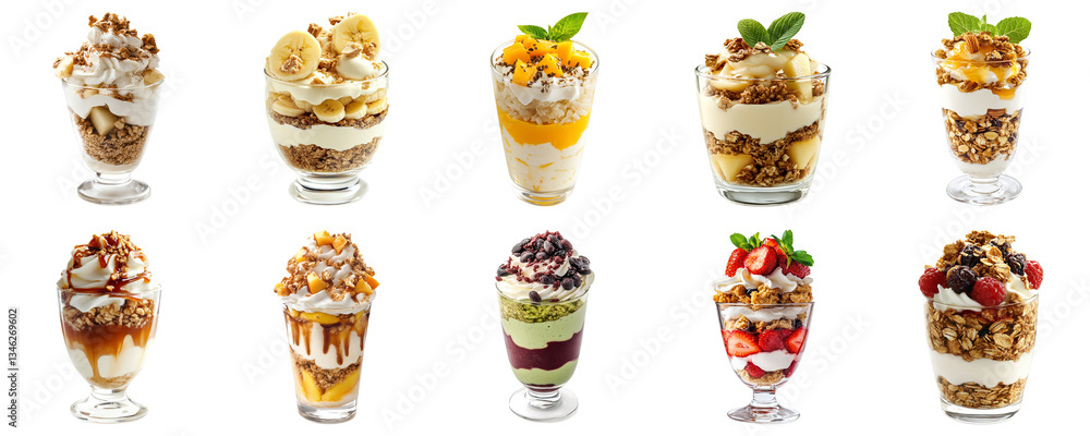 Fototapeta premium Delicious and Colorful Layered Desserts with Yogurt, Granola, Fruits, and Toppings in Clear Glass Cups. Piquant food set.