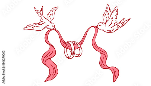 Doves with wedding rings and ribbon. Coquette hand drawn Romantic invitation design and symbol engagement and love marriage. Romantic messenger concept in doodle lineart style for invitation