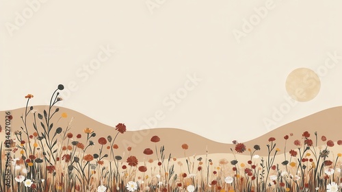 Boho wildflowers with desert landscape, sunset, and minimalist art.