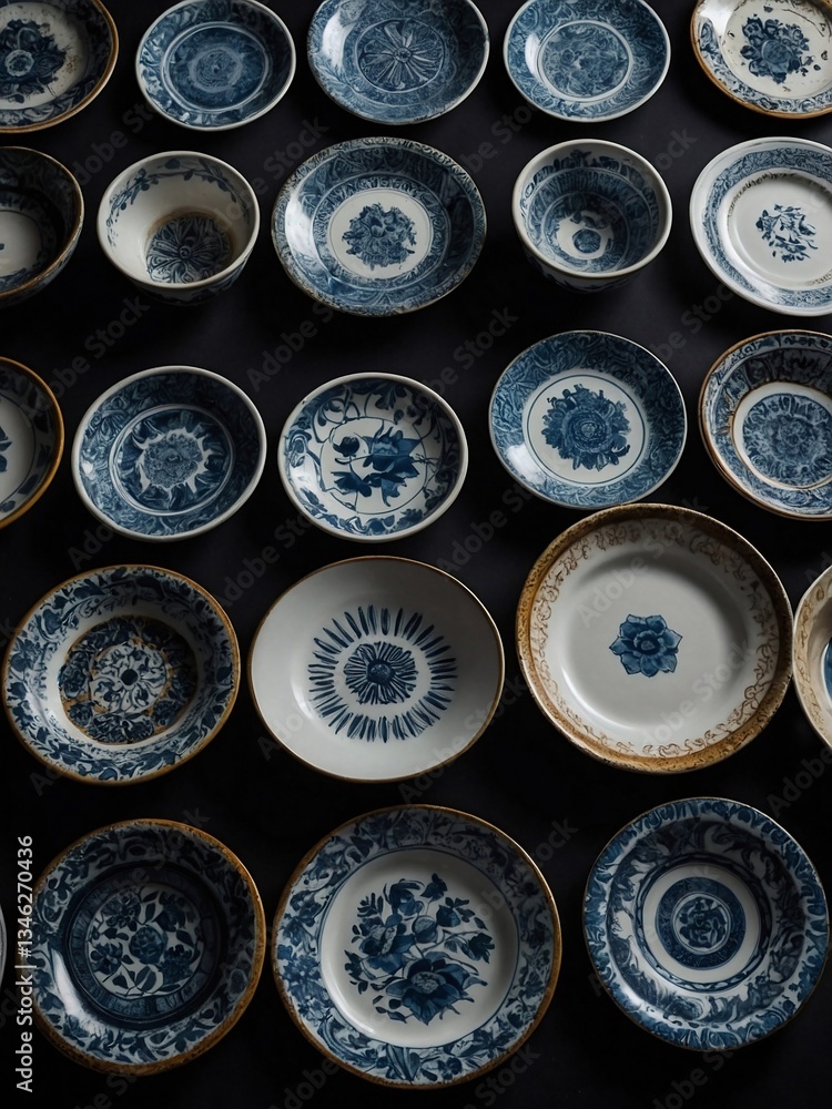 Collection of empty ceramic plates on a black background Collection of empty ceramic plates on a black background