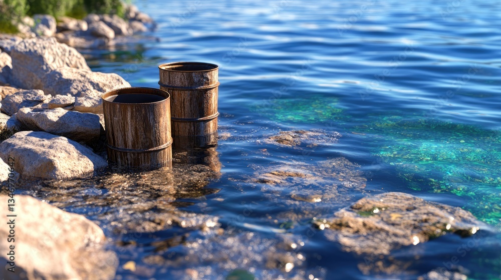 Wooden barrels at lakeshore with clear water and rocky landscape Wooden barrels at lakeshore with clear water and rocky landscape