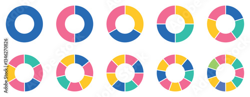 Pie chart set, colored segmented circle icons, pie chart divided equal parts, ring percentage wheel, circle diagram with sections or parts, Vector illustration