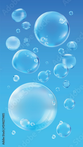 Floating blue bubbles on a white background. Various sizes of blue bubbles create a light, airy feel. Blue bubbles add a whimsical touch to the design. Soap bubble element vector set.