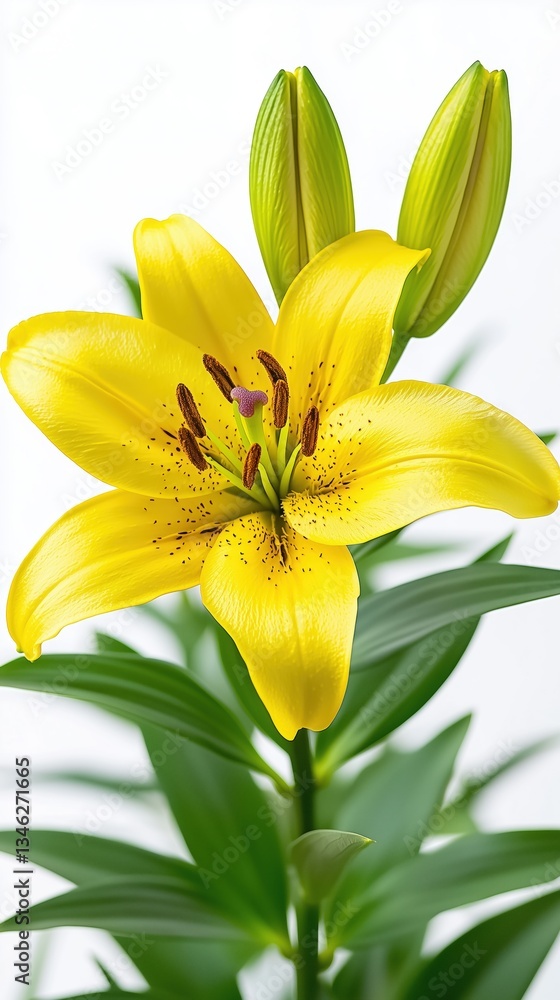Fototapeta premium Vibrant yellow lily bloom with buds against a white background