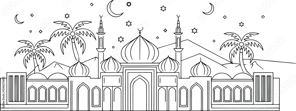 Islamic Mosque Line Art Vector design with Ramadan and Eid Celebration Illustration. Islamic Mosque Line Art Vector design with Ramadan and Eid Celebration Illustration.