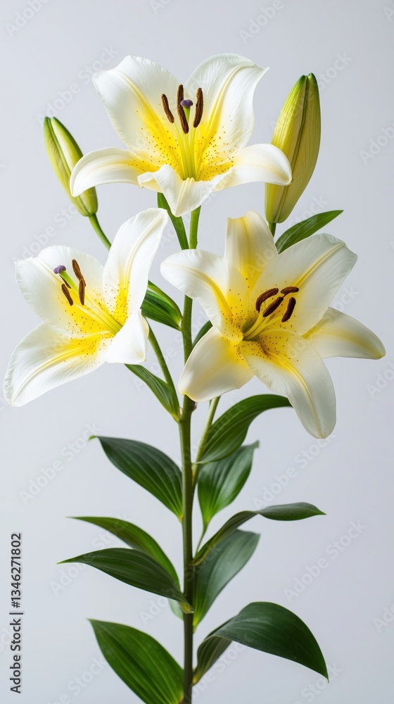 Fototapeta premium Elegant white lily flowers with yellow stamen on a stem against a minimalistic background