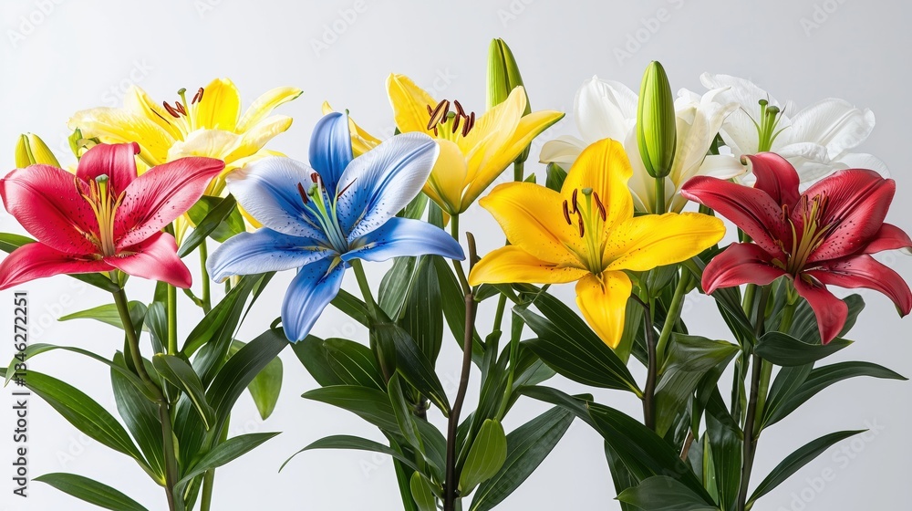 Obraz premium Colorful lilies in bloom: red, blue, yellow, and white flowers arrangement