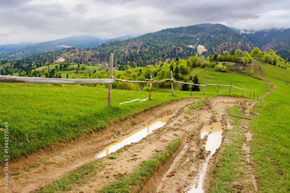 countryside mountain landscape in spring. green nature with cloudy sky. beautiful view with fence along the path through hill in the rain for tourism. rural outdoor adventure