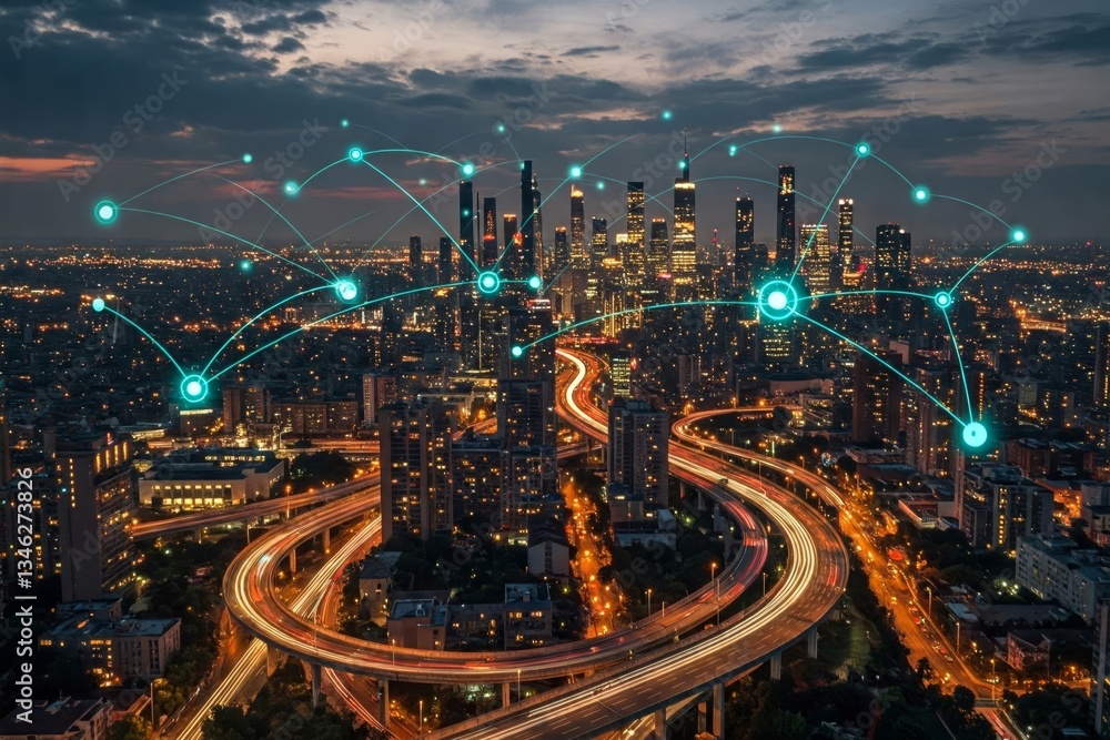 Obraz premium A Connected City Showing Technology And Transportation Flow