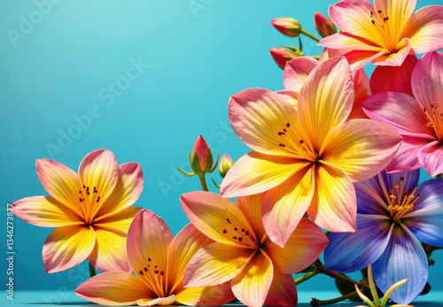 Arrangement of Yellow, Pink, and Blue Flowers against Turquoise Background