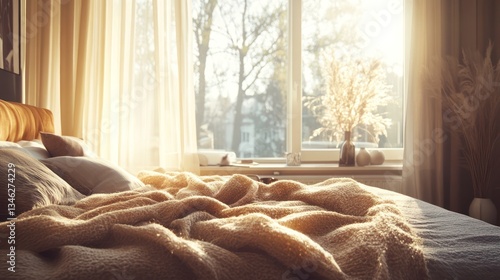 Sunlit bedroom with cozy blanket, pillows, and window view.