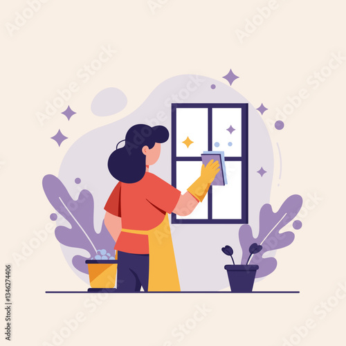 Woman cleaning windows with cheerful expression in a spring cleaning setting