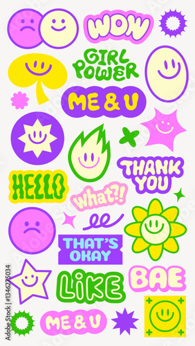 Colorful stickers with smiley faces, phrases like 'Girl Power', 'Me & U', 'Hello', and 'Thank You' Bright, playful, and positive designs Funky stickers, vector set