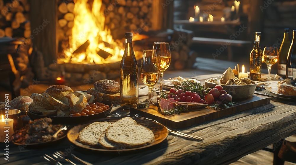 Rustic table setting with traditional foods and warm fire Rustic table setting with traditional foods and warm fire