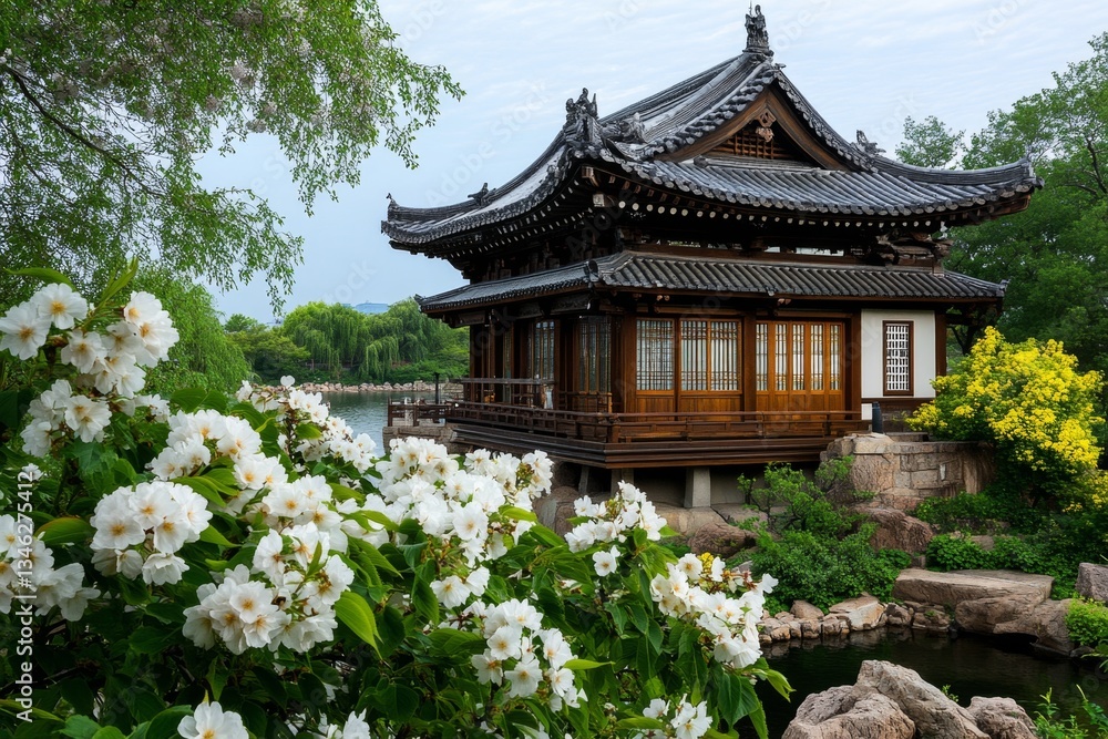 A golden hour view of Osaka Castle, with sunlight reflecting on the moat and cherry blossoms in bloom A golden hour view of Osaka Castle, with sunlight reflecting on the moat and cherry blossoms in bloom