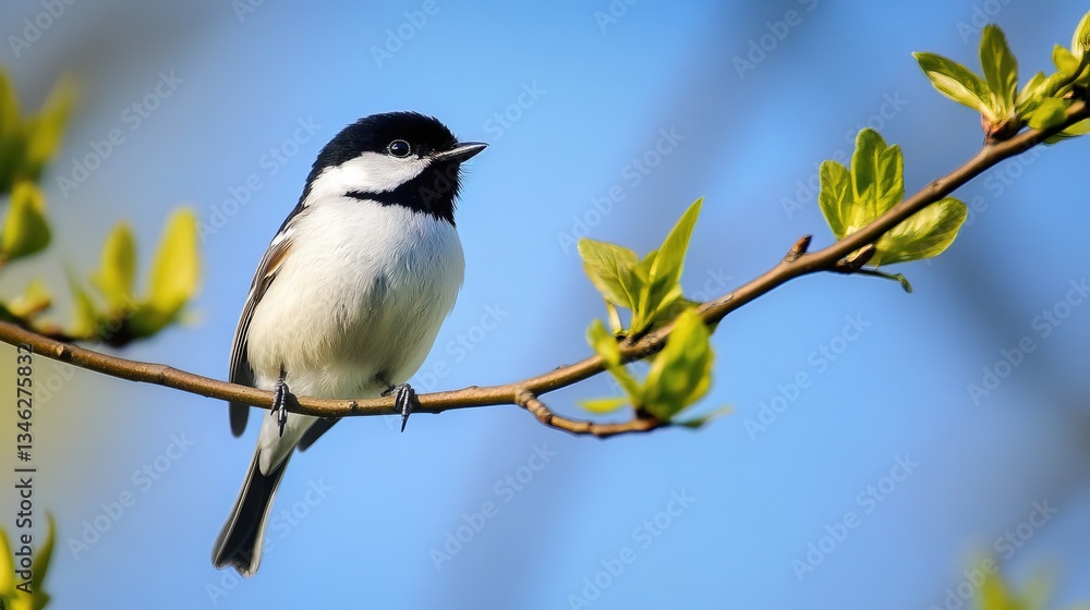 Fototapeta premium A small bird perched on a fresh green branch against a clear blue sky, symbolizing ecological balance, nature conservation, and the vitality of spring.