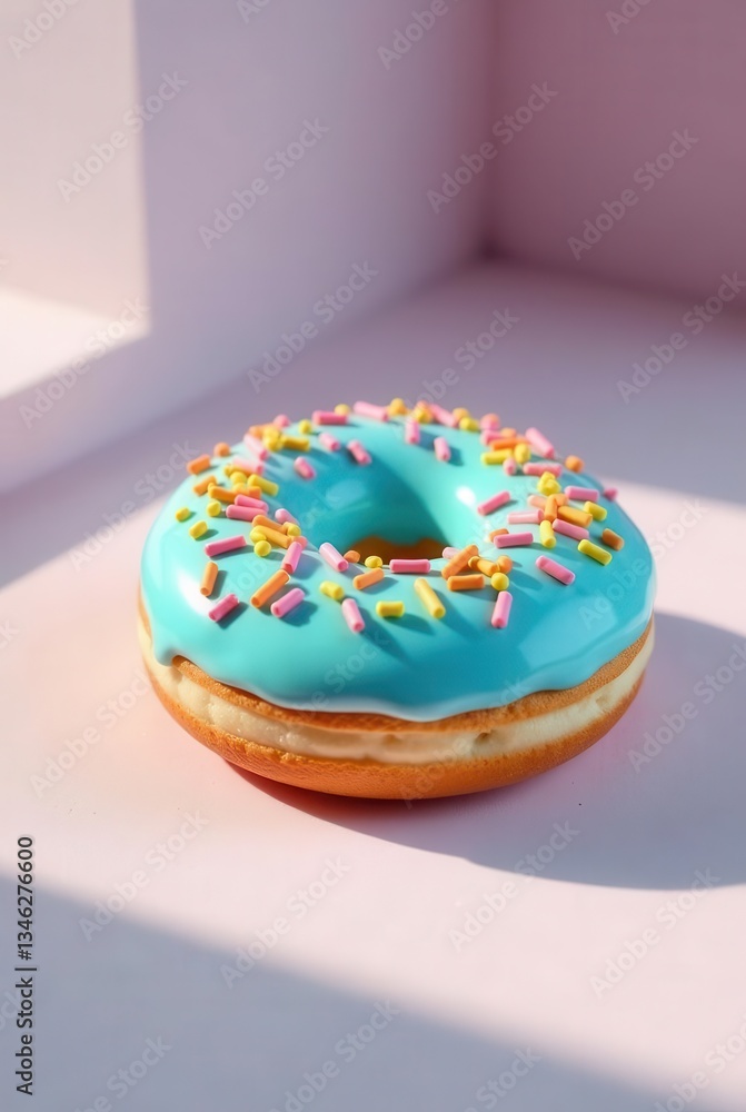 A delightful glazed donut with colorful sprinkles, bathed in sunlight, rests on a soft pink surface. A delightful glazed donut with colorful sprinkles, bathed in sunlight, rests on a soft pink surface.