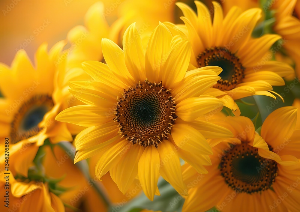 Fototapeta premium Vibrant sunflowers basking in golden sunlight.